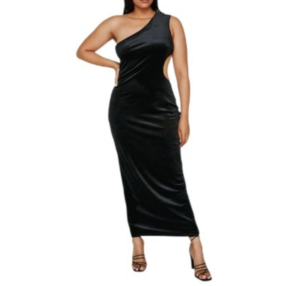 Nasty Gal Elegant One-Shoulder Cutout Black Maxi Dress Size 18